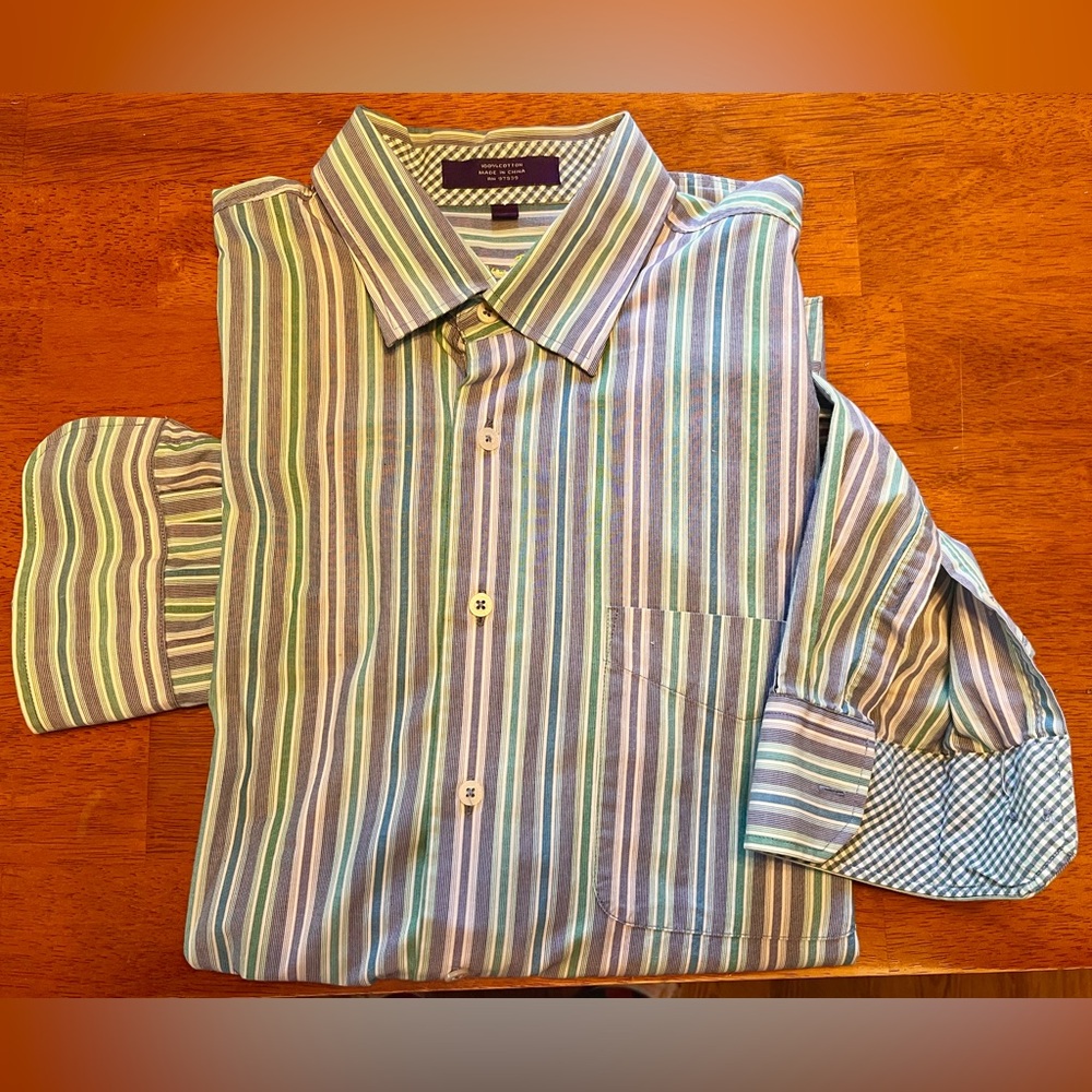 Alan Flusser Blue and Green Striped Men's Shirt